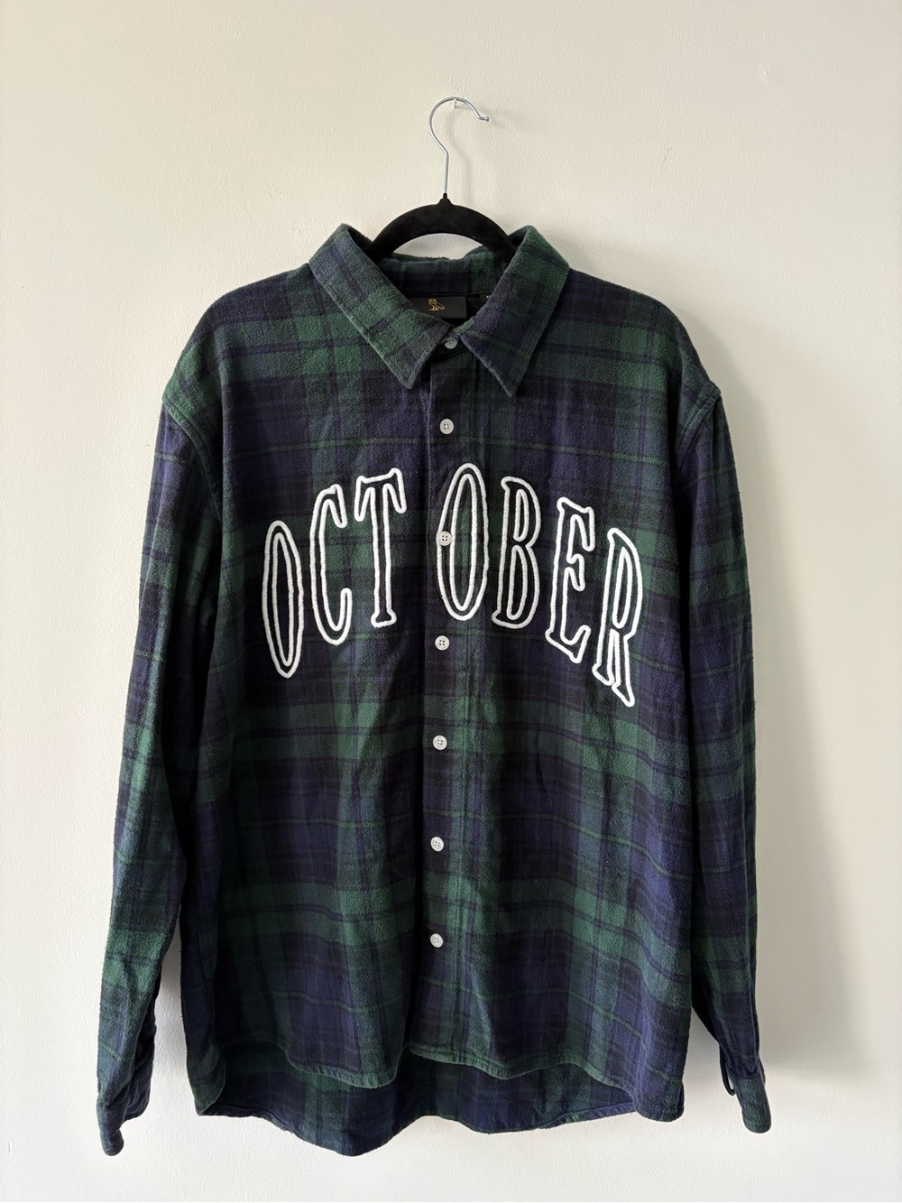 Drake’s OVO Green & Navy Plaid Button-Down Flannel with 'OCTOBER' Embroidery